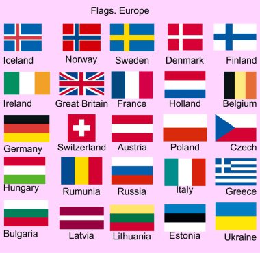Avrupa'nın bayrakları. Norveç, İzlanda, Finlandiya, İrlanda, Belçika, Almanya, Avusturya, Çek Cumhuriyeti, Macaristan, Rumunia, İtalya, Yunanistan, Bulgaristan, Litvanya, Letonya, Estonya