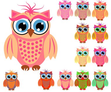 Sevimli çok renkli çizgi baykuşlar büyük kümesi için çocuklar, farklı tasarımlar, modaya uygun mercan rengi