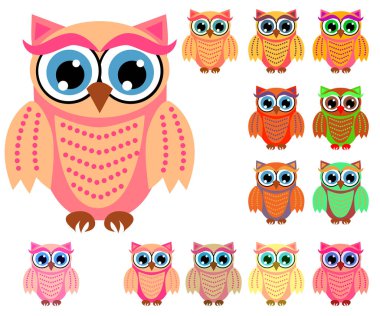 Sevimli çok renkli çizgi baykuşlar büyük kümesi için çocuklar, farklı tasarımlar, modaya uygun mercan rengi