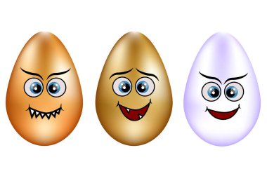 Şirin surat Paskalya yumurtaları kümesi. Emoji yumurta kümesi. Yumurta gülümse. Beyaz düz vektör illüstrasyon izole