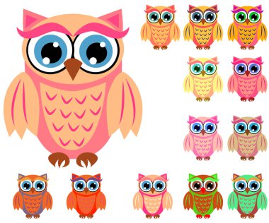 Sevimli çok renkli çizgi baykuşlar büyük kümesi için çocuklar, farklı tasarımlar, modaya uygun mercan rengi