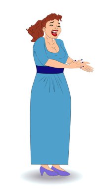 Tam büyüme kadında. Kapalı gözler mavi elbiseli seksi genç kadın gülüyor.