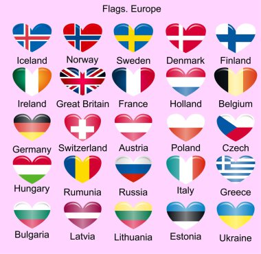 Avrupa'nın bayrakları. Norveç, İzlanda, Finlandiya, İrlanda, Belçika, Almanya, Avusturya, Çek Cumhuriyeti, Macaristan, Rumunia, İtalya, Yunanistan, Bulgaristan, Litvanya, Letonya, Estonya