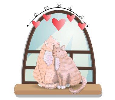 Kalp şeklinde kuyruklu bir pencere bir odada oturan iki kedi