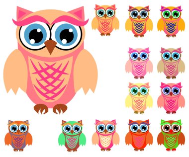 Sevimli çok renkli çizgi baykuşlar büyük kümesi için çocuklar, farklı tasarımlar, modaya uygun mercan rengi