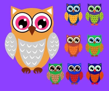 Sevimli çizgi baykuşlar baby shower, doğum günü ve davetiye tasarımları için ayarla
