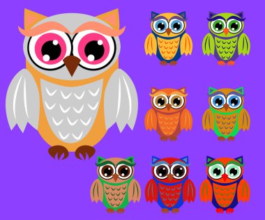 Sevimli çizgi baykuşlar baby shower, doğum günü ve davetiye tasarımları için ayarla