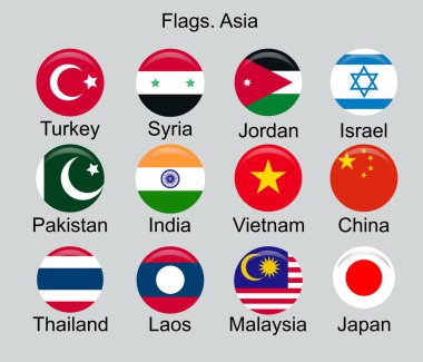 Asya ülkelerinin bayrakları. Türkiye, Pakistan, Suriye, Hindistan, Çin, Japonya, Laos ve diğerleri.