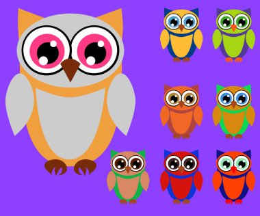 Sevimli çizgi baykuşlar baby shower, doğum günü ve davetiye tasarımları için ayarla