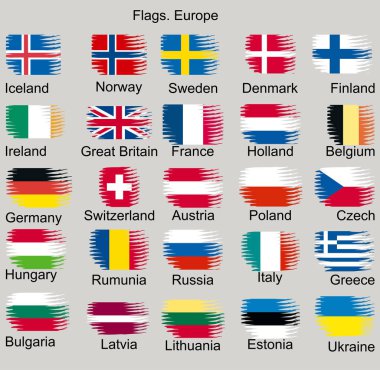 Avrupa'nın bayrakları. Norveç, İzlanda, Finlandiya, İrlanda, Belçika, Almanya, Avusturya, Çek Cumhuriyeti, Macaristan, Rumunia, İtalya, Yunanistan, Bulgaristan, Litvanya, Letonya, Estonya