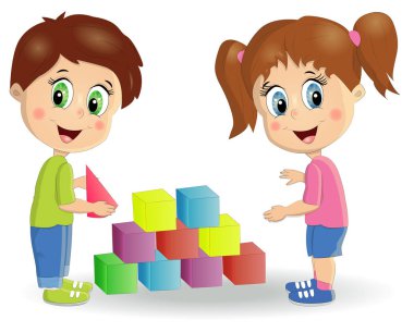 Çok ırklı çocuklar kule bloklar ile inşa. Çocuk oyun seti parlak renkli küpleri ile kullanma.