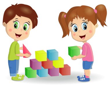 Çok ırklı çocuklar kule bloklar ile inşa. Çocuk oyun seti parlak renkli küpleri ile kullanma.