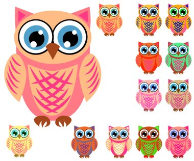 Sevimli çok renkli çizgi baykuşlar büyük kümesi için çocuklar, farklı tasarımlar, modaya uygun mercan rengi