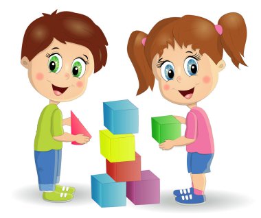 Çok ırklı çocuklar kule bloklar ile inşa. Çocuk oyun seti parlak renkli küpleri ile kullanma.