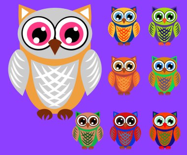 Sevimli çizgi baykuşlar baby shower, doğum günü ve davetiye tasarımları için ayarla