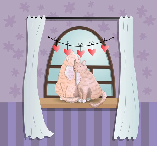 A szív alakú farka a ablakpárkányon, egy szobában ülő két macska — Stock Vector