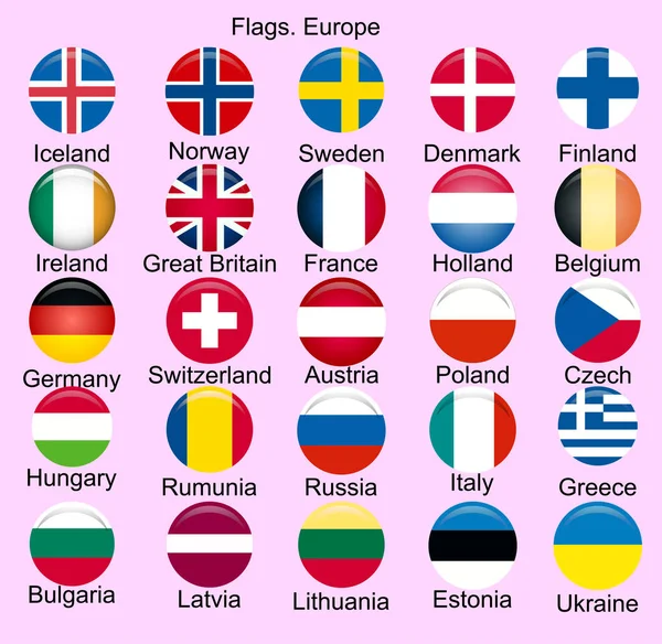 Bendera dari Eropa. Norwegia, Islandia, Finlandia, Irlandia, Belgia, Jerman, Austria, Republik Ceko, Hongaria, Rumunia, Italia, Yunani, Bulgaria, Lithuania, Latvia, Estonia - Stok Vektor