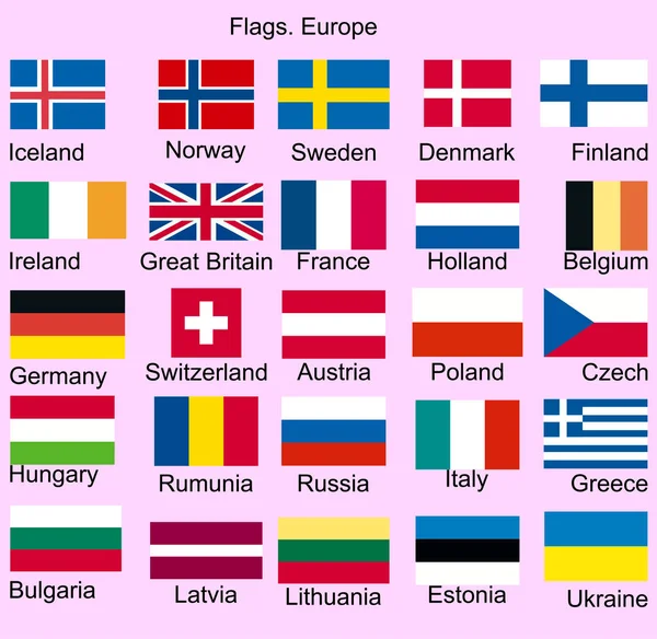 Avrupa'nın bayrakları. Norveç, İzlanda, Finlandiya, İrlanda, Belçika, Almanya, Avusturya, Çek Cumhuriyeti, Macaristan, Rumunia, İtalya, Yunanistan, Bulgaristan, Litvanya, Letonya, Estonya — Stok Vektör