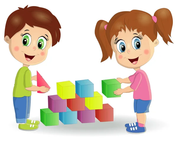 I bambini multirazziali costruiscono torri con blocchi. I bambini giocano usando kit con cubi colorati brillanti . — Vettoriale Stock