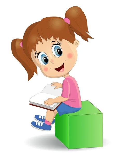 Niedliches, lustiges Mädchen liest ein Buch, das auf einem Stapel Bücher sitzt — Stockvektor