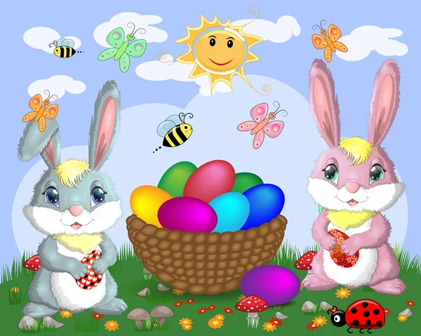 Easter bunnies near the basket with Easter eggs in the meadow, the sun, butterflies, spring. Copy space — Stock Vector