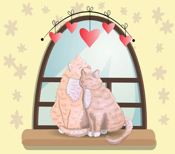 Dos gatos con colas en forma de corazón sentados en un alféizar de ventana en una habitación — Vector de stock