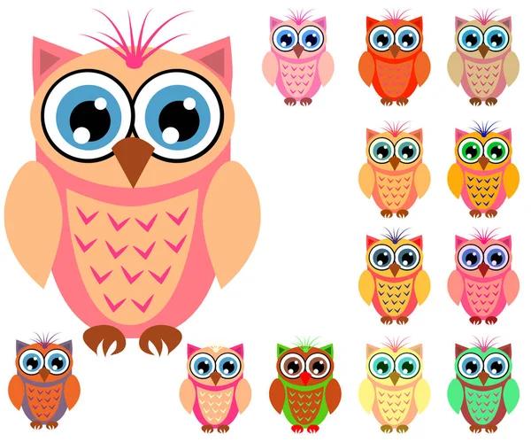 Grote verzameling van cute veelkleurige cartoon uilen voor kinderen, verschillende ontwerpen, trendy koraal kleur — Stockvector