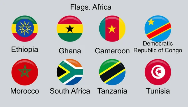 Flaggen Afrikas, gesetzt. Äthiopien, ghana, Kamerun, drc, Marokko, Tansania, Tunesien — Stockvektor