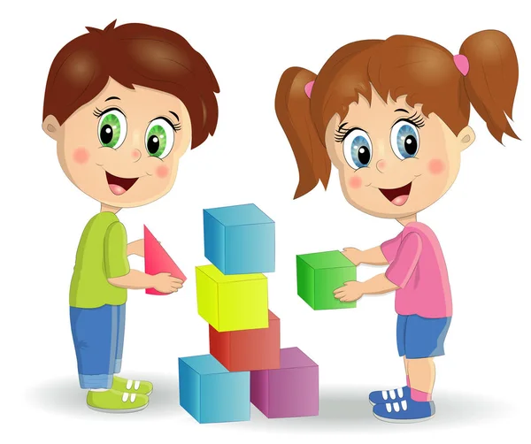 Multiracial children build tower with blocks. Kids play using kit with bright colored cubes. — Stock Vector