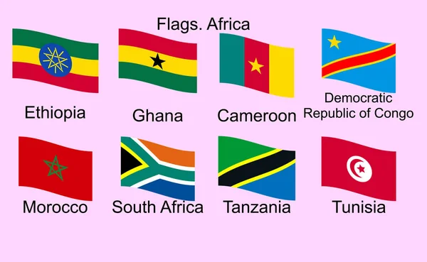 Banderas de África, listas. Etiopía, Ghana, Camerún, República Democrática del Congo, Marruecos, Tanzania, Túnez — Vector de stock