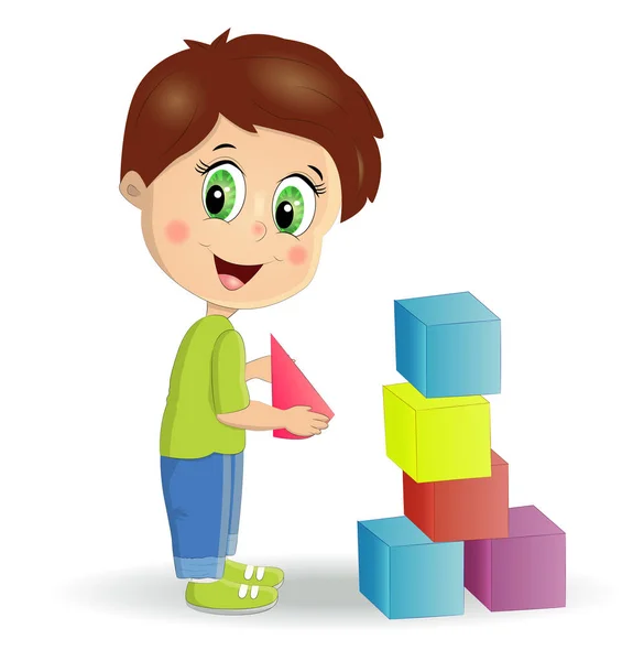 Multiracial children build tower with blocks. Kids play using kit with bright colored cubes. — Stock Vector