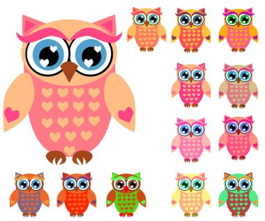 Sevimli çok renkli çizgi baykuşlar büyük kümesi için çocuklar, farklı tasarımlar, modaya uygun mercan rengi