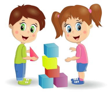 Çok ırklı çocuklar kule bloklar ile inşa. Çocuk oyun seti parlak renkli küpleri ile kullanma.