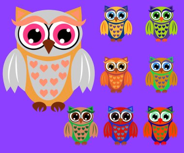 Sevimli çizgi baykuşlar baby shower, doğum günü ve davetiye tasarımları için ayarla