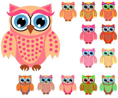 Sevimli çok renkli çizgi baykuşlar büyük kümesi için çocuklar, farklı tasarımlar, modaya uygun mercan rengi