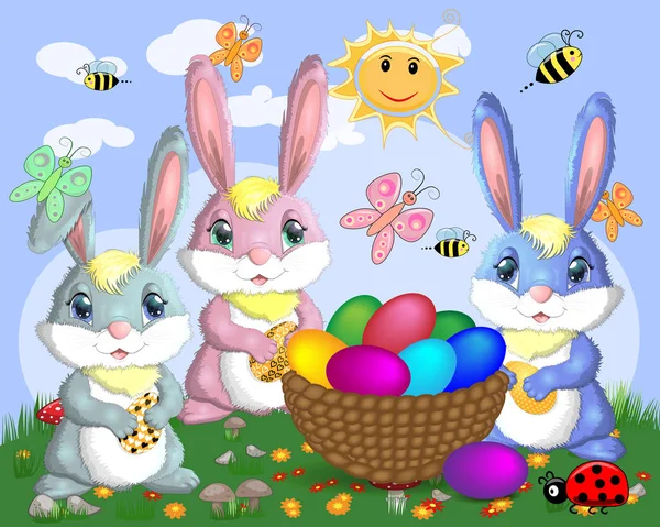 Lapins de Pâques près du panier avec des œufs de Pâques dans la prairie, le soleil, les papillons, le printemps. Espace de copie — Image vectorielle