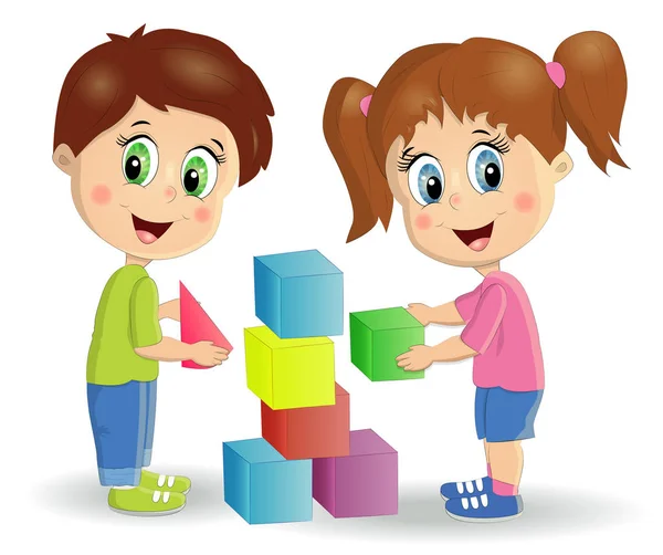 Multiracial barn bygga torn med klossar. Barnen leker med kit med ljusa färgade kuber. — Stock vektor