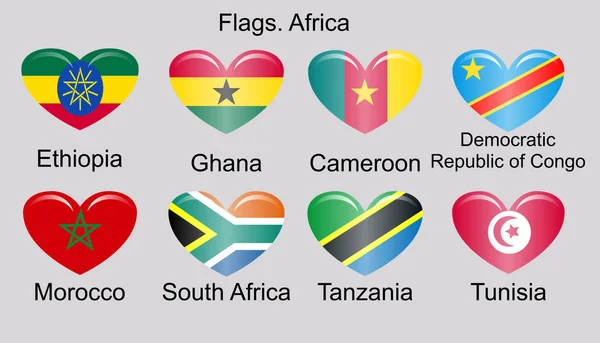 Bendera Afrika, siap, siap. Ethiopia, Ghana, Kamerun, DRC, Maroko, Tanzania, Tunisia - Stok Vektor