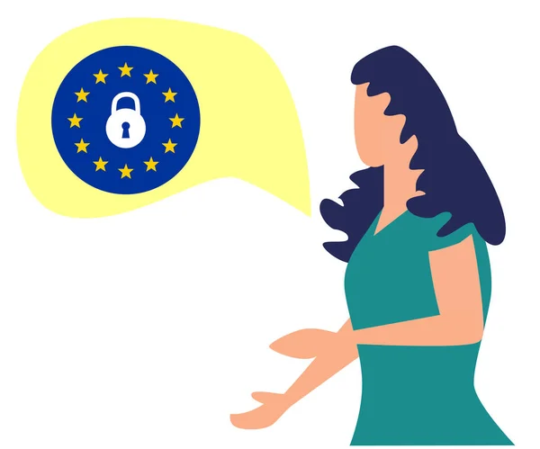 Concepto mujer hablando de gdpr, protección de datos, bloqueo — Vector de stock