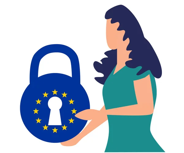 Concepto mujer hablando de gdpr, protección de datos, bloqueo — Vector de stock