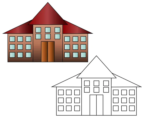 Ilustração plana brilhante do edifício da escola para trás à bandeira da escola ou ao projeto do cartaz —  Vetores de Stock