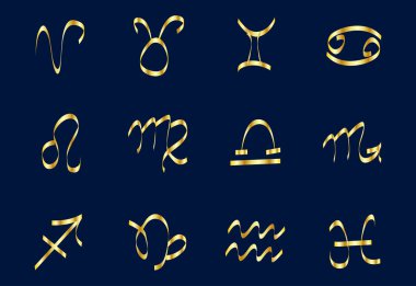 Karanlık bir arka planda altın Zodiac işaretleri ayarlayın. Kare simgeleri.