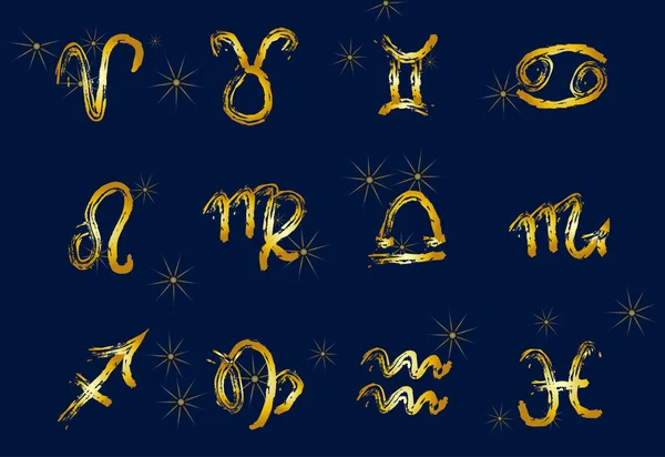 Ensemble de signes du zodiaque doré sur un fond sombre. Icônes carrées . — Image vectorielle