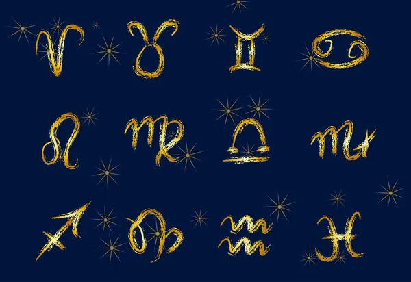 Uppsättning gyllene zodiaken tecken på en mörk bakgrund. Fyrkantiga ikoner. — Stock vektor