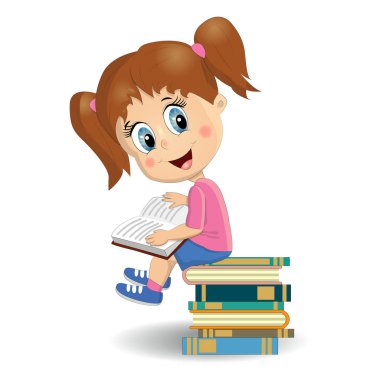 Sevimli esmer kız kitap okuma portre. Öğrenci öğrenme Illustration. Yaratıcı kağıt sanatı, eğitim konsepti