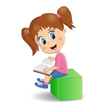 Sevimli esmer kız kitap okuma portre. Öğrenci öğrenme Illustration. Yaratıcı kağıt sanatı, eğitim konsepti