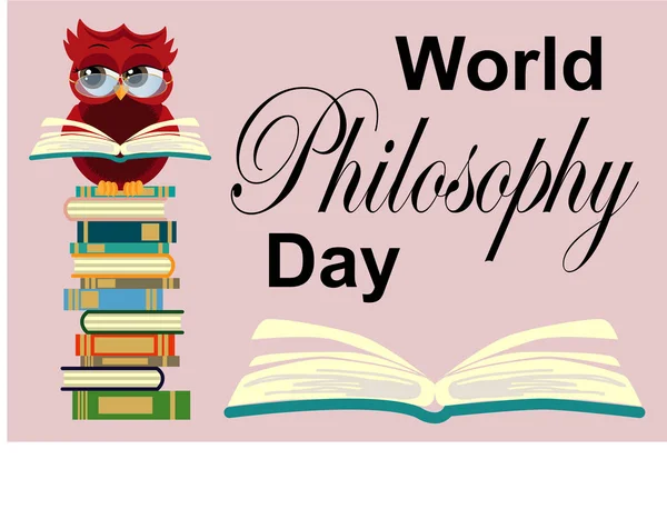 Día Mundial de la Filosofía. Búho inteligente en la pila de libros, libro abierto y letras sobre fondo azul . — Vector de stock
