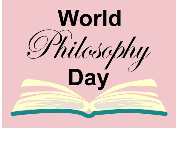 Día Mundial de la Filosofía. Montón de libros con libro abierto y letras sobre fondo blanco . — Vector de stock
