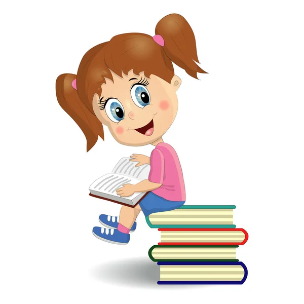 Porträt des netten brünetten Mädchens, das Buch liest. Schüler lernen Illustration. Kreative Papierkunst, Bildungskonzept — Stockvektor