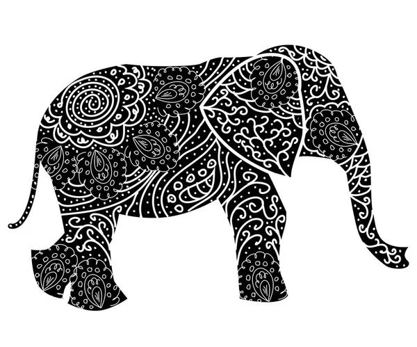 Stylized fantasy patterned elephant. Hand drawn illustration — Stock Vector